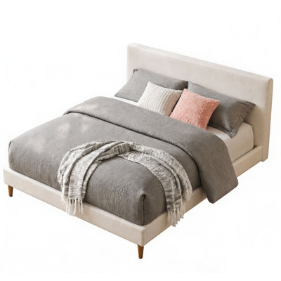 Structure de lit tête de lit tapissier de style scandinave, tissu en peluche Teddy, pieds fuselés en bois
