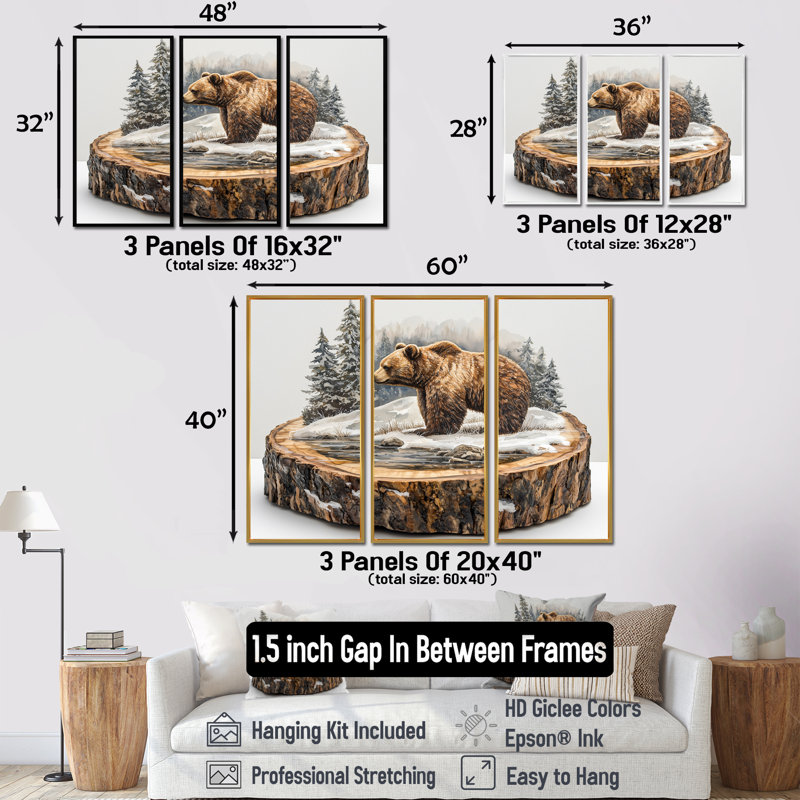 «Grizzly Bear Into The Winter Landscape III», art mural encadré d'ours - 3 panneaux, H 32 po x l 48 po, Argent argent