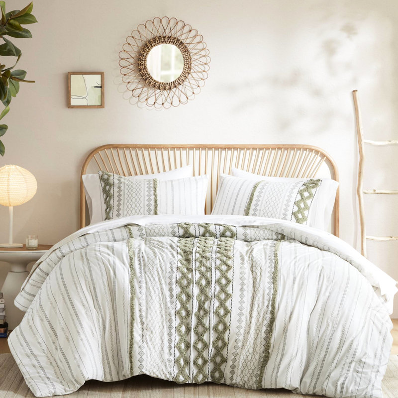 Édredon pour lit double / grand en coton 3 pièces avec chenille, imprimé, rembourrage, couvre-oreillers superposés