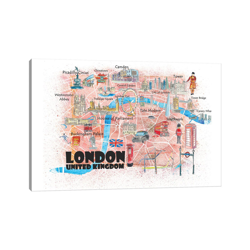 London UK Illustrated Map by Markus & Martina Bleichner - Painting on Canvas, Wrapped Canvas