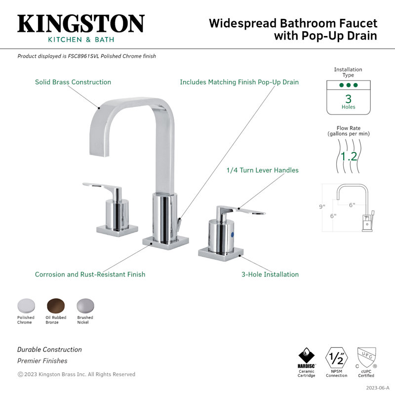 Kingston Brass Serena Two-Handle 3-Hole Deck Mount Widespread Bathroom Faucet with Retail Pop-Up Drain, Polished Chrome