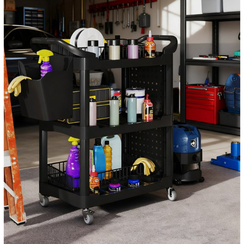 Capacité chariot en plastique avec tablette latérale et seau de rangement, chariot à outils à 3 niveaux, Noir
