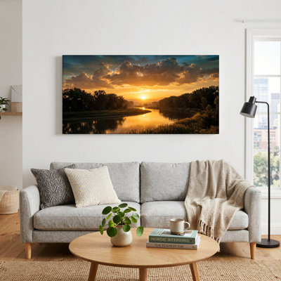 Ensemble de 1 tableau sur toile représentant une rivière au coucher du soleil