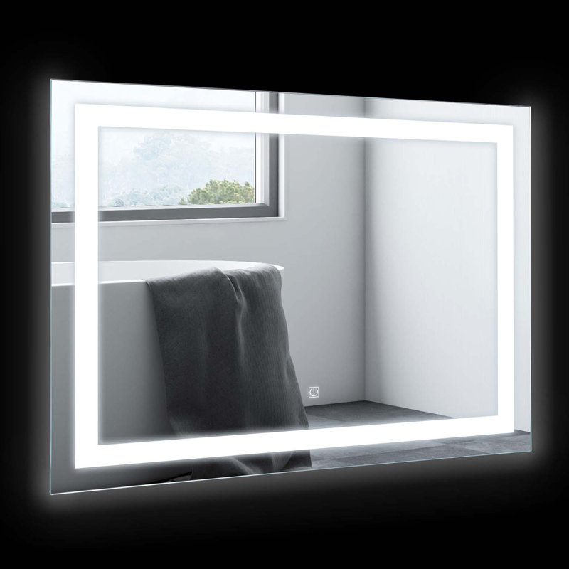 Miroir de salle de bain mural 32 po x 24 po à DEL avec éclairage à intensité variable, imperméable, horizontalement ou verticalement, argenté