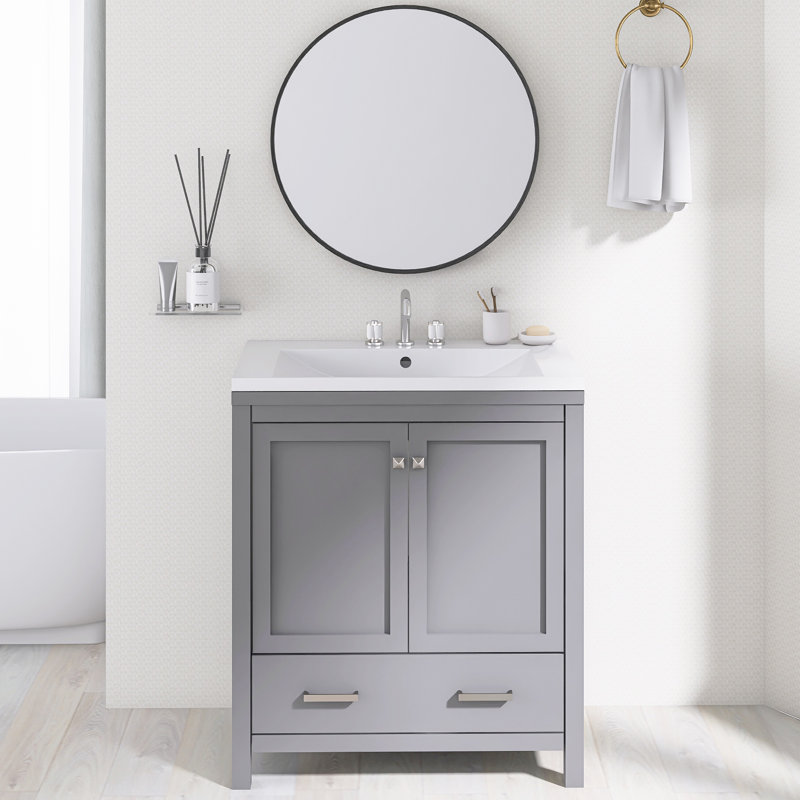 30 pouces Meuble-lavabo gris avec lavabo simple en céramique | Armoire de rangement pour salle de bain avec 2 portes et un tiroir | Fermeture douce | Rangement multifonctionnel | Cadre en bois massif