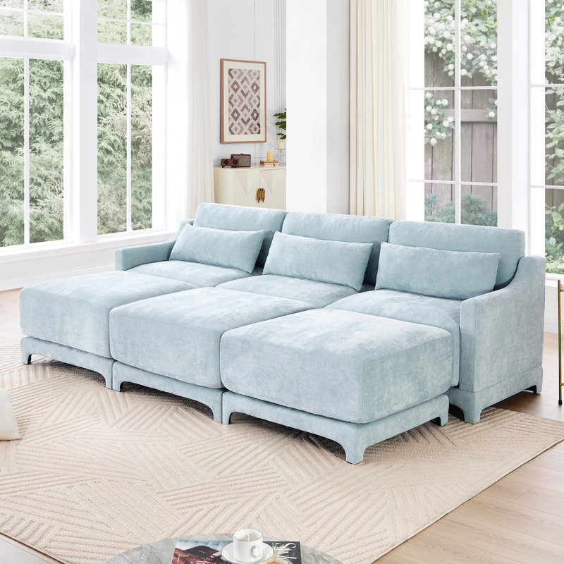 Chenille bleu ciel à trois places avec repose-pieds assortis, conception ergonomique, base en bois, placement flexible, soutien lombaire d'apparence exquise 3, sièges confortables en bois sur mesure, convenant à