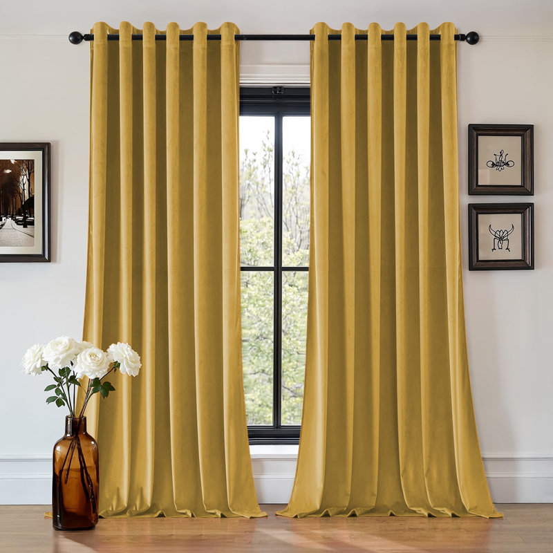 Aspire Homeware 100% Velvet Eyelet Room Darkening Curtains Pair for Soft and Elegant Window Look, Ochre