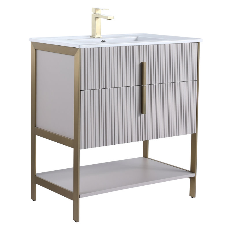  Meuble-lavabo moderne avec plateau en céramique blanche Serenity, Taupe vif / laiton, 30"