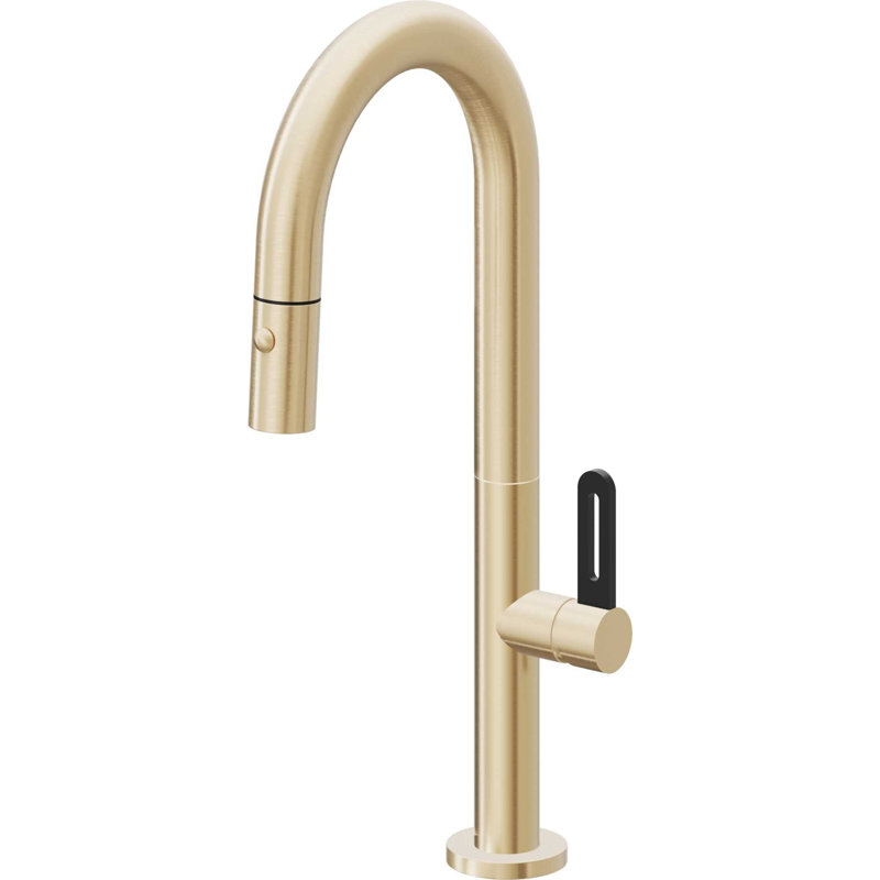 Pull-Down Prep/Bar Faucet With Button Sprayer, Satin Brass, Black Flat Blade