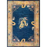 Blue Background Antique Art Deco Chinese Dragon Design Area Rug