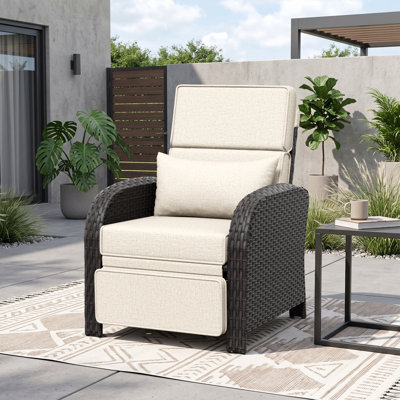 Sylwen Outdoor Wicker Recliner Chair with Adjustable Backrest and Built-in Footrest, All Weather Patio Lounge Chair with Removable Thick Cushions