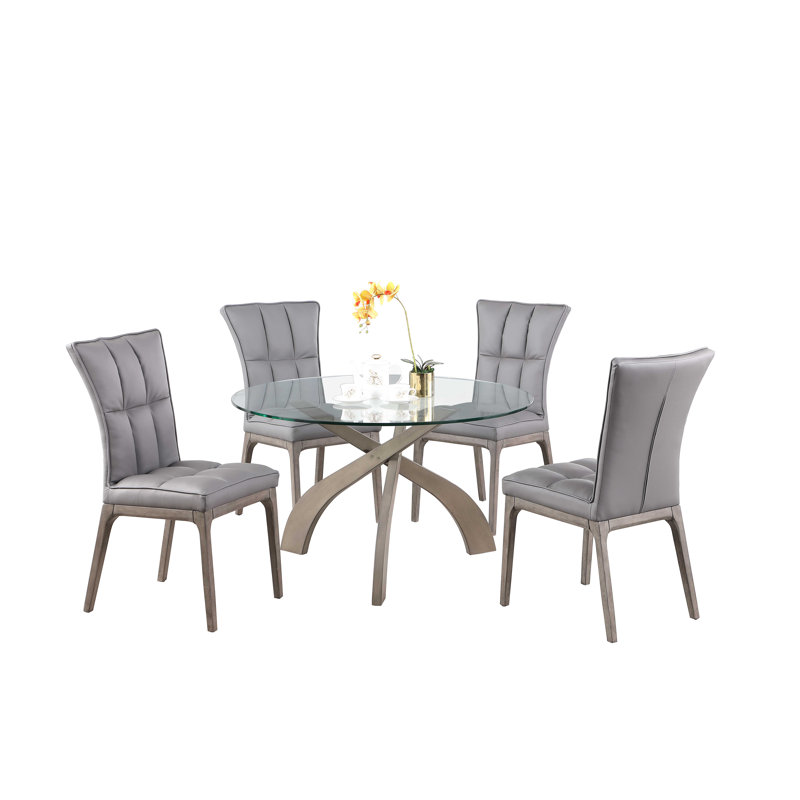 Contemporary Round Glass Top Dining Table w/ Solid Wood Base