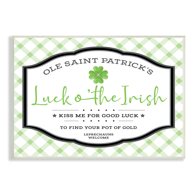Saint Patrick's Luck of the Irish Sign Green Plaid - art textuel, H 13 po x l 19 po, Bois naturel