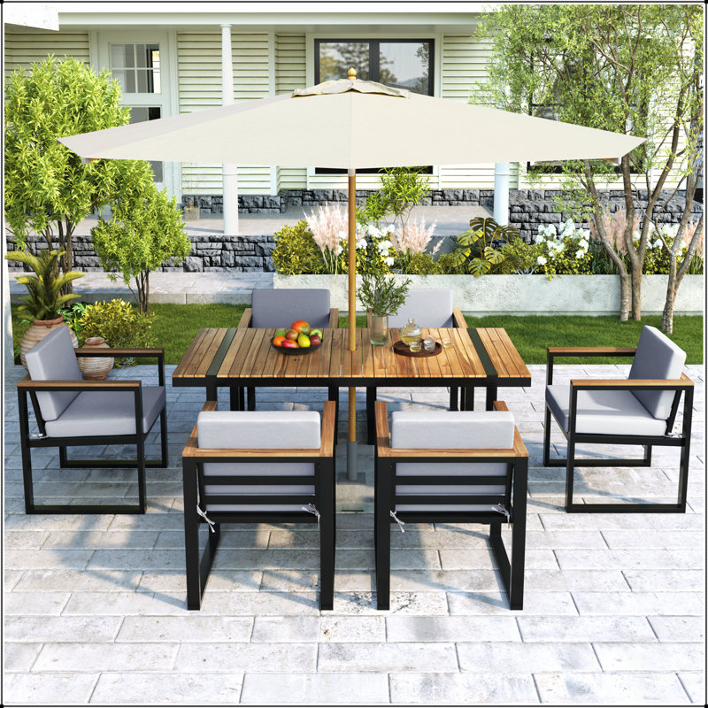 Ensemble repas d'extérieur 7 pièces avec coussins amovibles pour les rassemblements de patio, de cour et de jardin, Gris