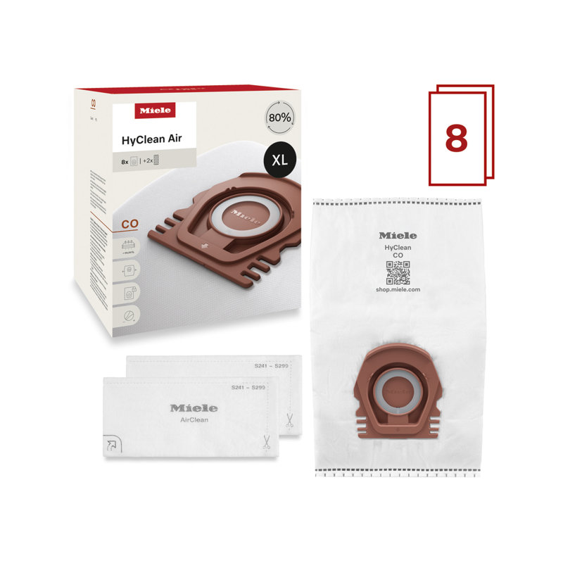 Miele HyClean Air CO Vacuum Cleaner Bags for Miele Guard M1 Vacuum Cleaners, XL Pack of 8 Vacuum Bags and 2 AirClean Exhaust Filters – 12909630