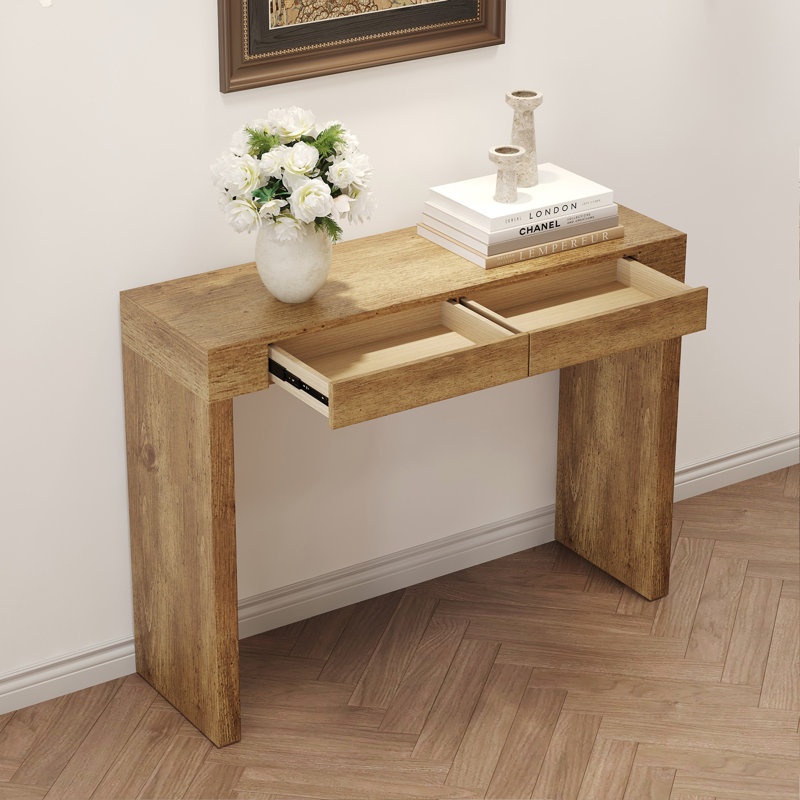 Élégante table de bar en grain de bois naturel - 50 pouces de long, un choix pratique pour les maisons modernes. Autocollant texturé en grain de bois, équipé de deux tiroirs. Servant de table de bar ou de bureau.