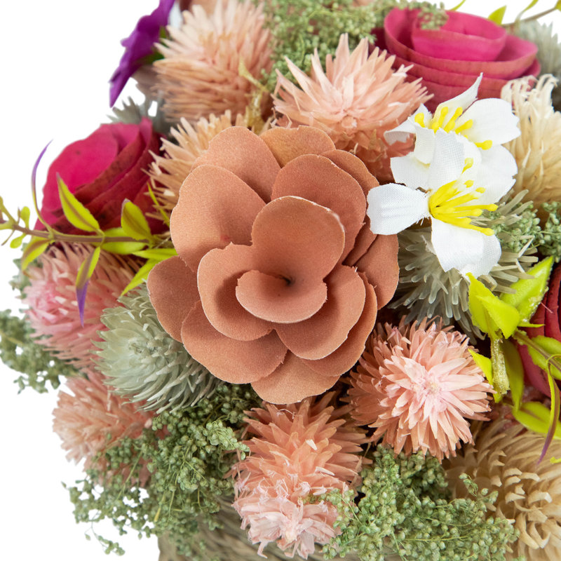 7" Multicolor Fabric and Wood Spring Floral Arrangement in Woven Pot