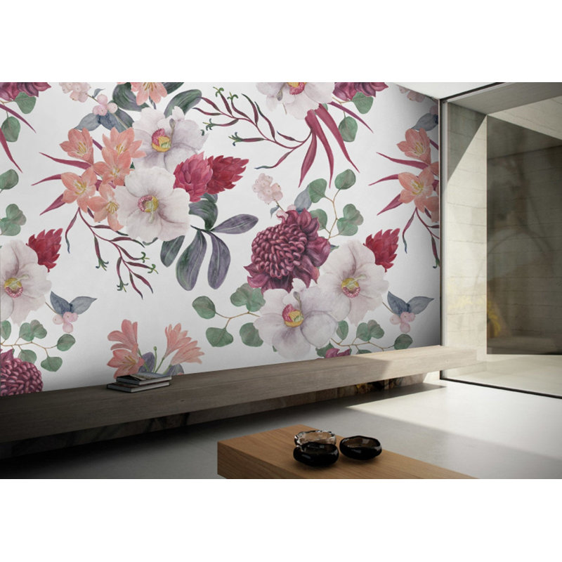 Papier peint amovible aquarelle avec bouquet de fleurs exotiques, L 105,96 po x l 187 po