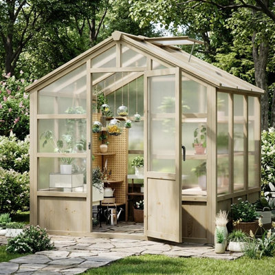 Serre en bois robuste pour le jardin, cadre en cèdre avec évent réglable et porte verrouillable, polycarbonate de 6 mm pour l'extérieur