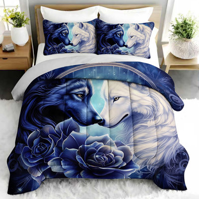 Mystic Wolves Roses Comforter Set, Romantic Wolf Couple Bedding Set with 2 Pillow Cases, Soft and Machine Washable Bedding, All Seasons Comforter for Room Decor