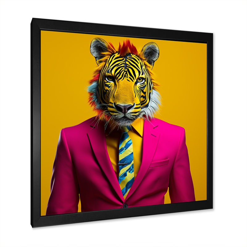 Rose avec tigre - art mural tigre, H 16 po x l 16 po x P 1 po, Cadre simple noir