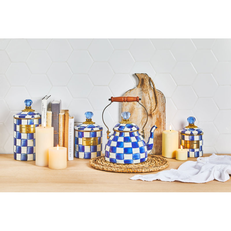 Canisters 3 - Piece Set, Blue/White/Brass/Clear, 9.75" H x 5" W x 5"D