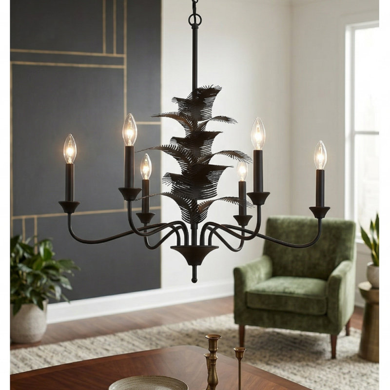6-Lights Dimmable Ceiling Chandeliers with Leaf, Matte Black