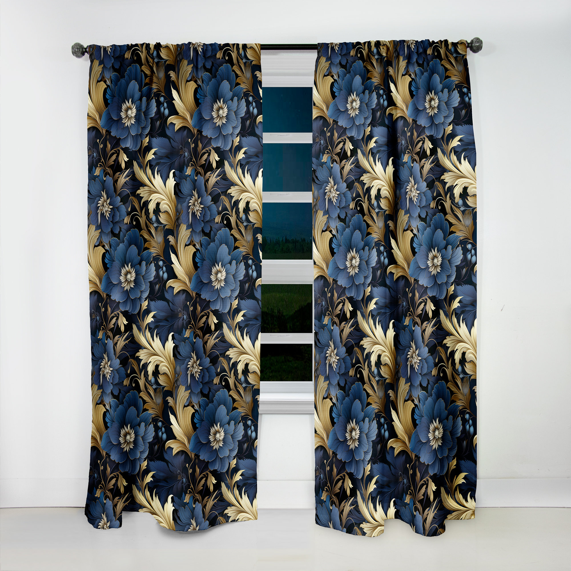 Design Art Mystical Blue Damask Mirage - Damask Curtain Panels | Wayfair