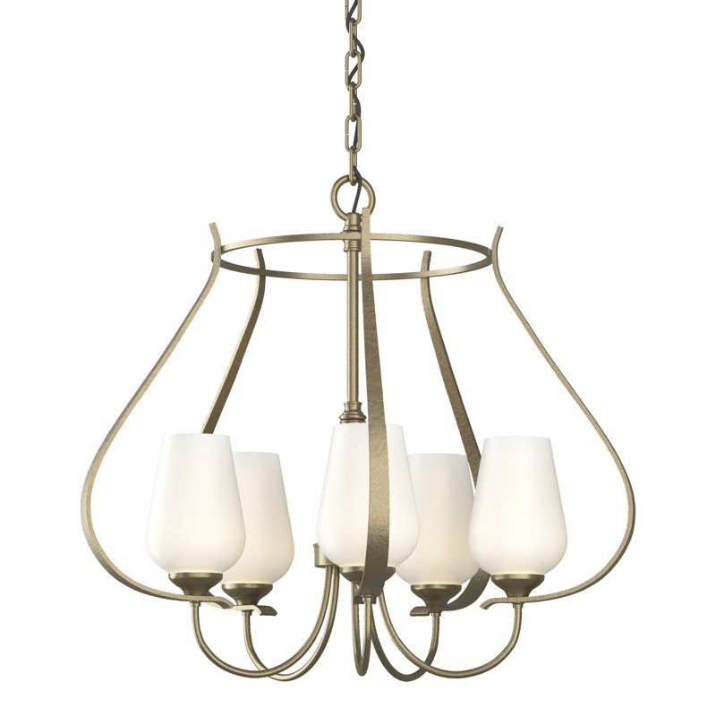 Lustre géométrique à 5 lumières Flora, Verre opale, Or doux
