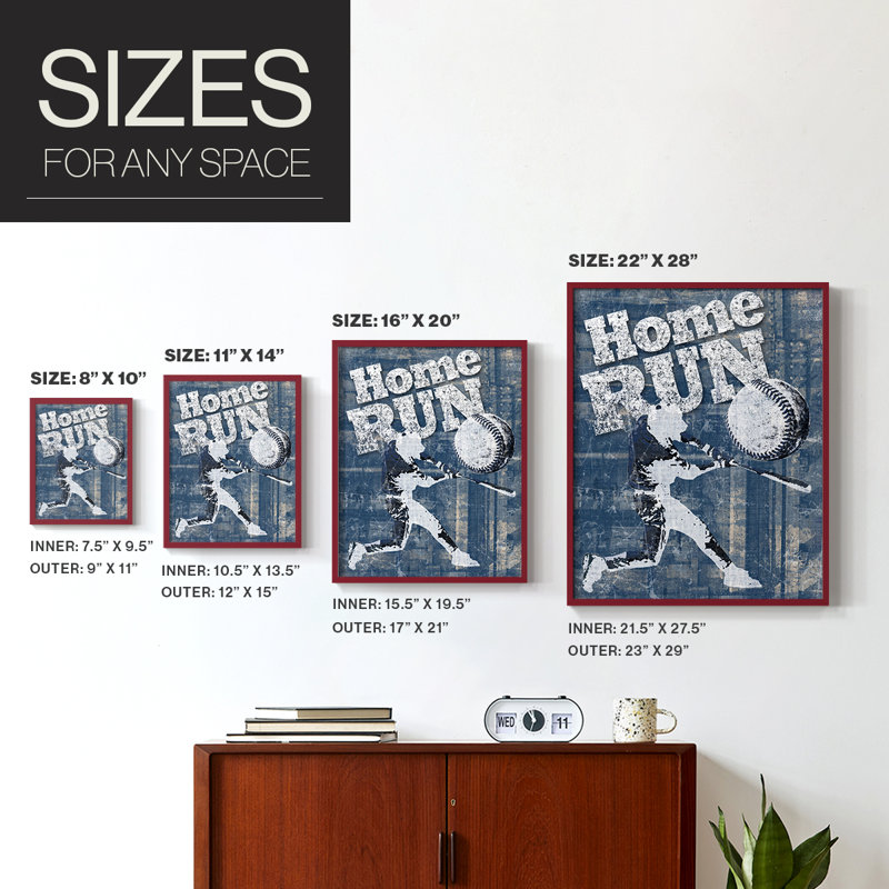 Home Run Hitter Framed Print - Solid Wood, 15" H x 12" W, Red