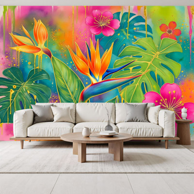 Papier peint adhésif à motif floral exotique à motif de feuilles exotiques de fleurs vertes H 69 po x l 96 po, papier peint amovible en PVC autocollant pour chambre à coucher