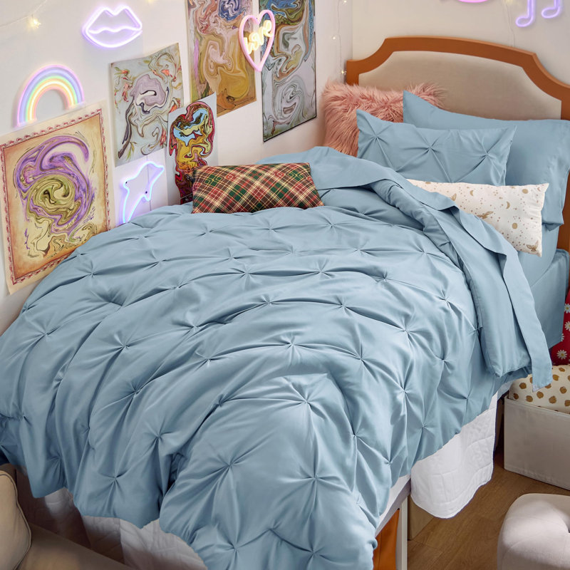 Bedsure Twin/Twin-XL Burgundy Pintuck Bed-in-a-Bag - Light Blue Pinch Pleat Comforter Set with Sheets, Pillowcases & Shams for Dorm Room(Set of 5)