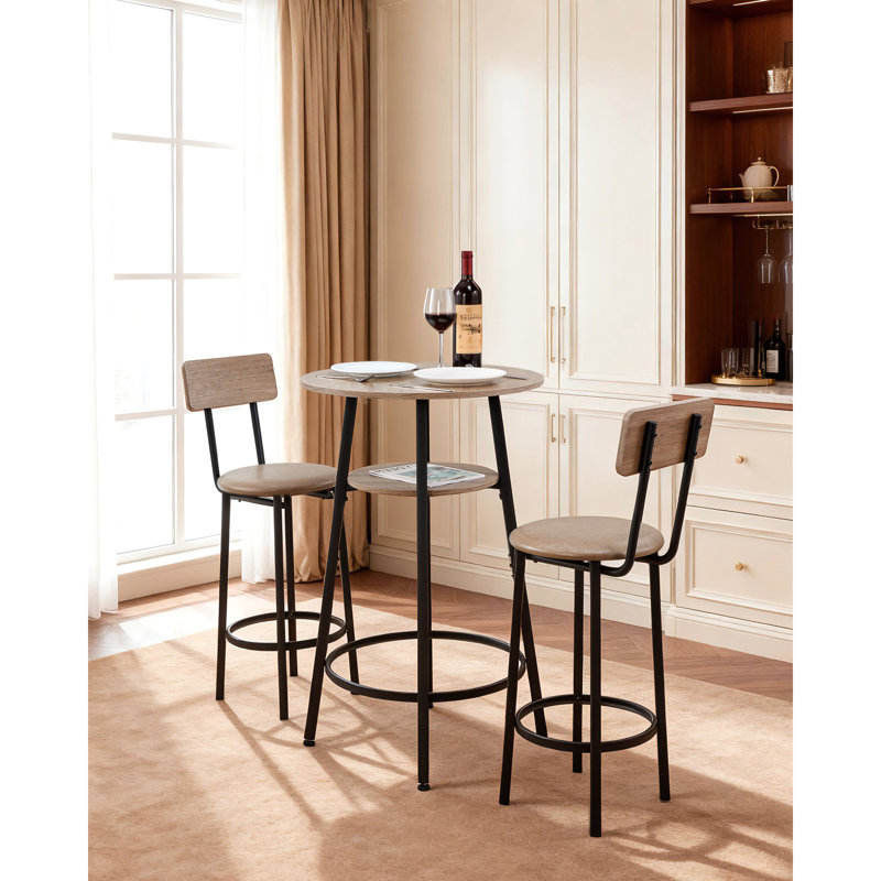 Table de bar, ensemble de tables de bar 3 pièces 23,5 po, tables de bar et ensemble de chaises avec coins arrondis, table de pub ronde avec deux tabourets pour bureau, coin déjeuner, mini-bar, gris clair, noir