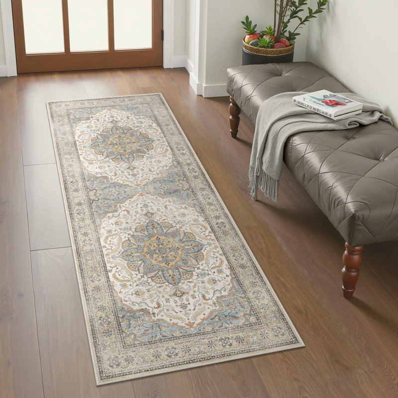 Oriental Washable and Non-Slip Performance Beige / Gray Indoor Runner Rug, Runner 2' x 10'