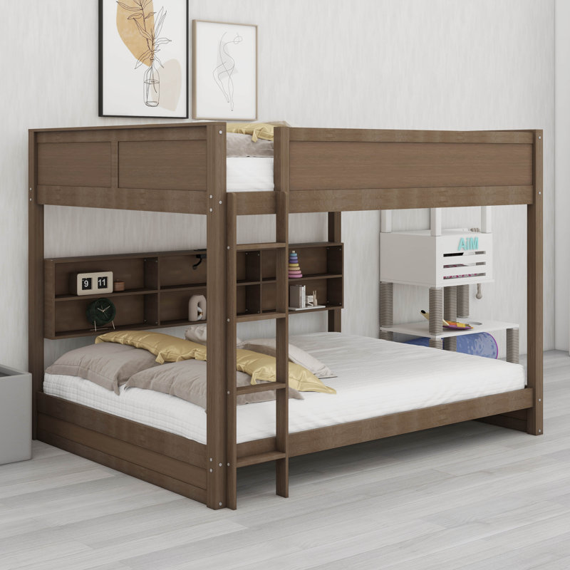 Queen Over Queen Bunk Bed With Storage Cabinets And Charging Station, Wood Bunk Bed With Storage Bookcase Shelves