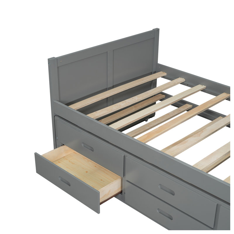 Lit plateforme gris multifonctionnel simple avec bureau intégré, lit gigogne et tiroirs de rangement - Lit de jour en bois peu encombrant pour enfants et adolescents