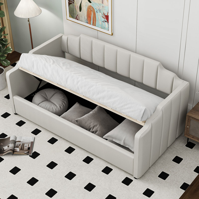 Lit de jour rembourré avec rangement inférieur, Complet/Double, Beige