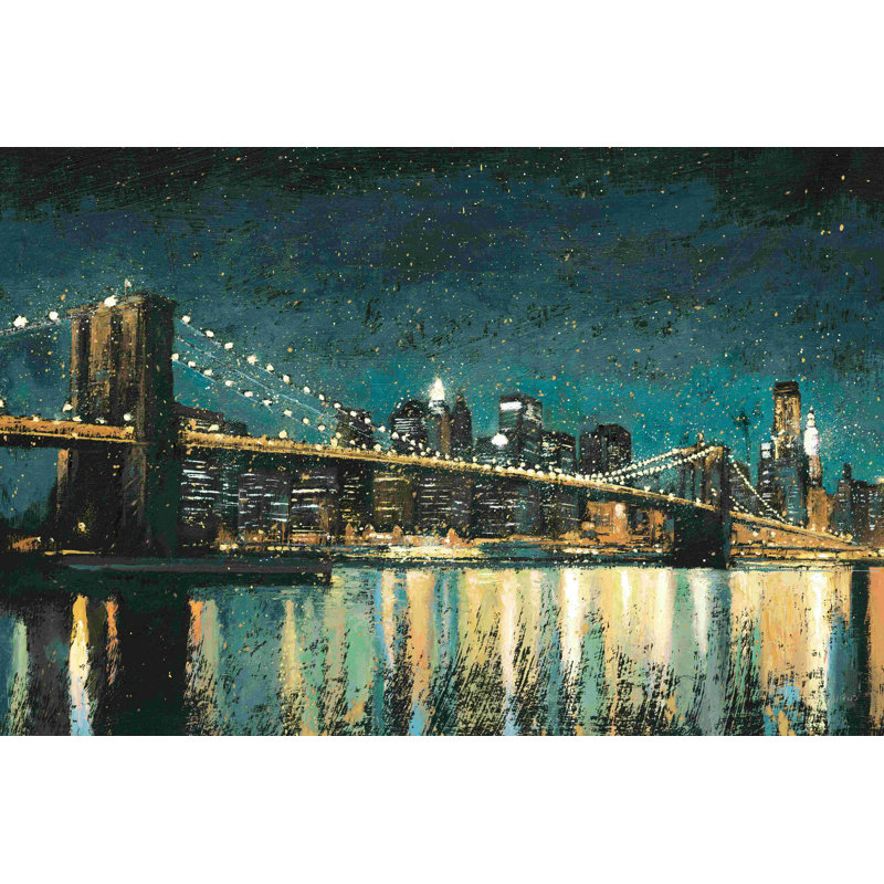 «Bright City Lights Teal I» par James Wiens - peinture sur toile tendue, H 32 po x l 48 po, Cadre flottant noyer, Non