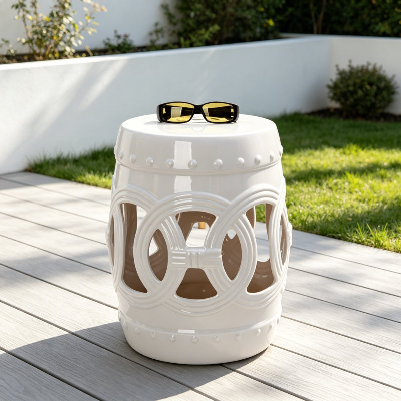 Tabouret de jardin 14 po x 17 po en céramique avec anneaux noués à deux pièces et matériau émaillé robuste, Blanc