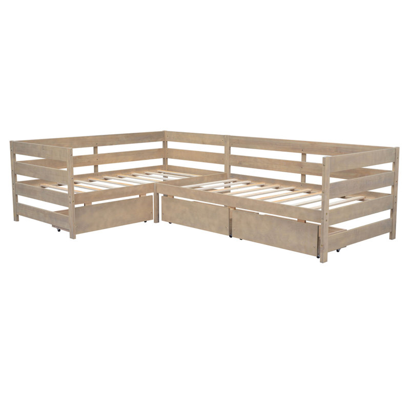 Lit plateforme en L avec trois tiroirs de rangement, Naturel