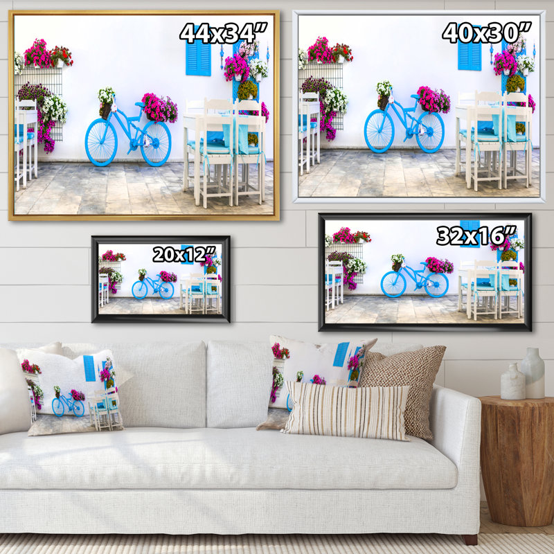Blue Old Bicycle With Flowers - Print on Canvas, Black Floater Framed, 34" H x 44" W x 1.5" D
