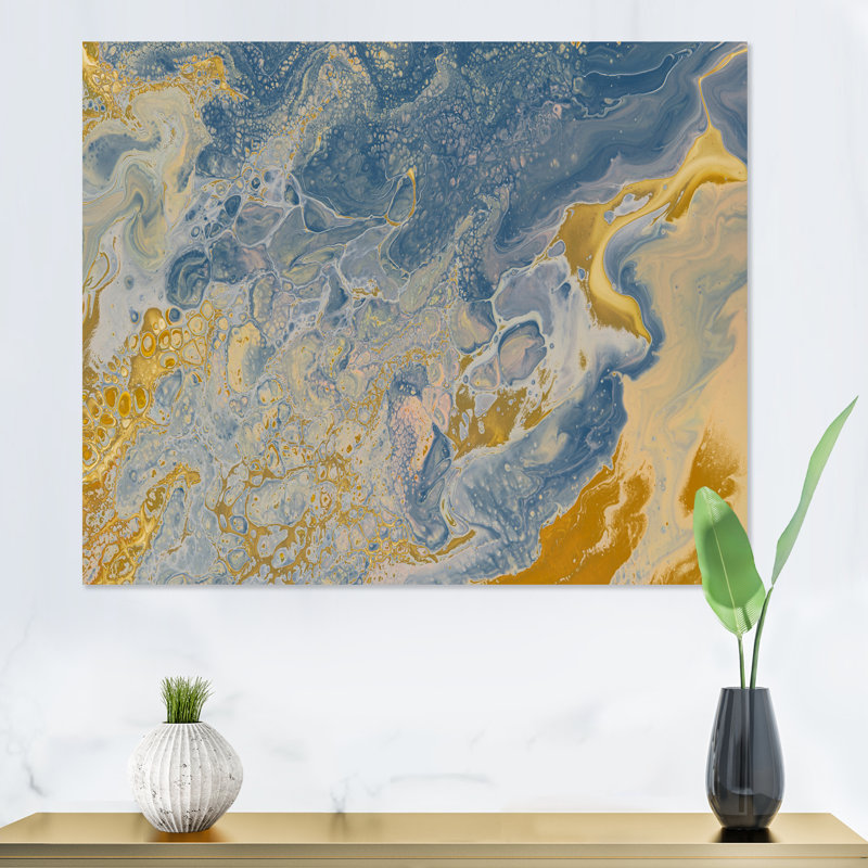 Vagues de marbre brunes et bleues - Peinture sur toile, H 12 po x l 20 po x P 1 po, Toile tendue