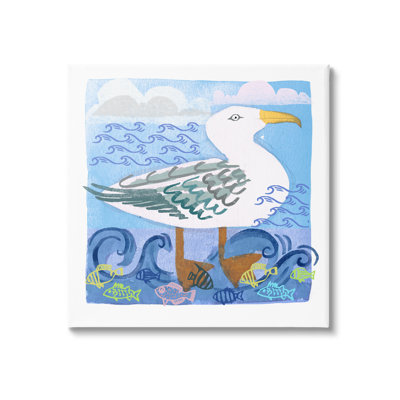 " Whimsical Seagull Bird Layered Ocean Waves Painting "