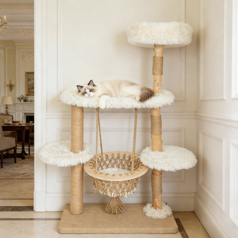 Natural Solid Wood Cat Tree For Indoor Cats With Sisal Scratching Posts, Multi-Level Platforms, Hanging Basket & Anti-Tipping Strap - Large Cat Climber For Multiple Cats, 54" Height