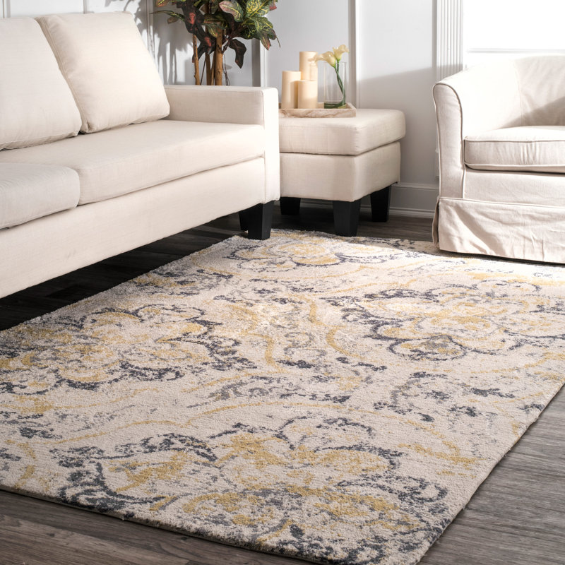 Tapis blanc cassé à motif damassé Zanesville, Rectangle 5 pi 3 po x 7 pi 5 po