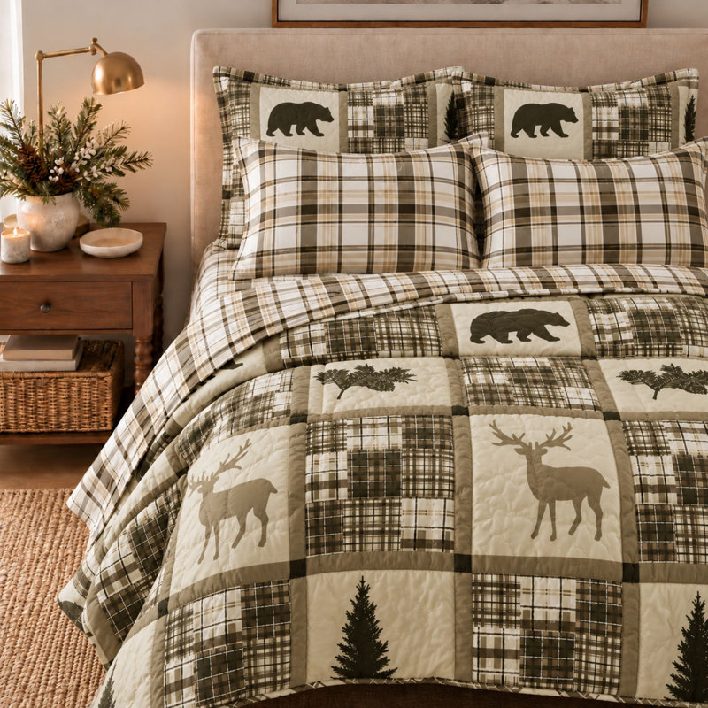 Soft Printed Microfiber Sheet Set, Queen Sheet Set with 2 Pillowcases, Cabin Plaid