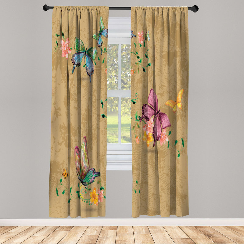 Microfiber Floral Semi-Sheer Rod Pocket Curtain Panels, 28" W x 84" L, Burly Wood/Violet