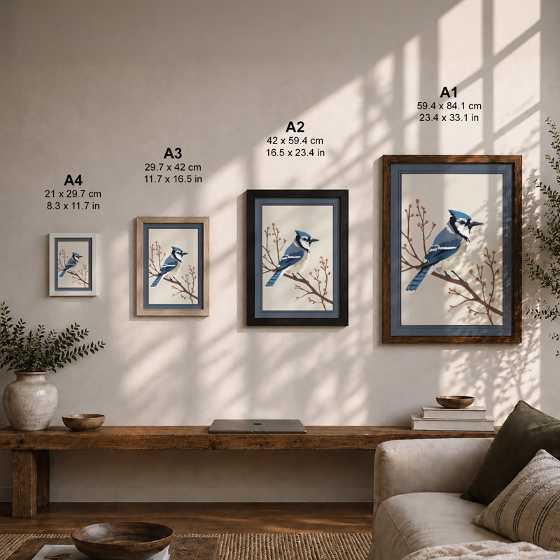 Blue Jay on Branch Botanical - Framed Print, A2 - 59.4 x 42.0 cm, Black