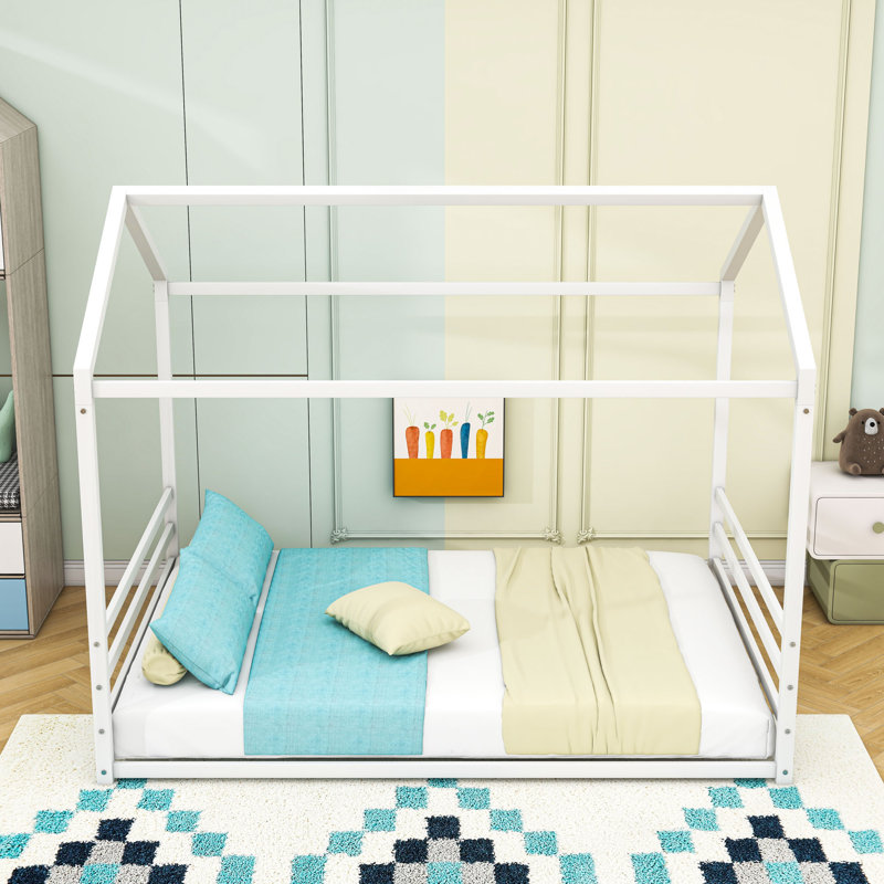 Metal Floor Bed With House-Shaped Design, White