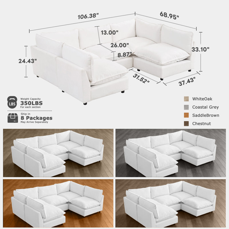 Canapé modulaire surdimensionné à 5 places l 106,38 po Heffernan, Chenille blanche